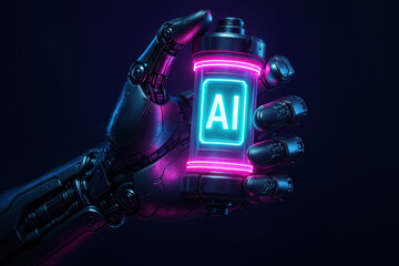 Artificial intelligence concept with robotic hand holding glowing battery symbolizing technology advancements in energy storage and power innovation for future devices