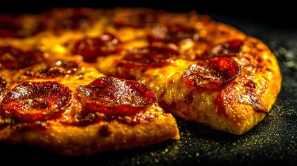 Savory baked circular flatbread loaded with melted cheese and spiced meat toppings rests on a dark surface