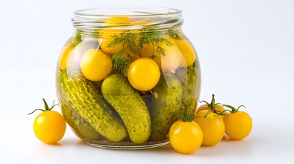 Glass jar filled with preserved cucumbers and yellow cherry tomatoes sits on a white surface
