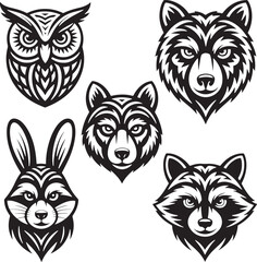 Stylized Animal Heads Set Owl Bear Wolf Rabbit Raccoon Face Graphics Keywords: animal, heads, set, owl, bear, wolf, rabbit, raccoon, stylized, graphic
