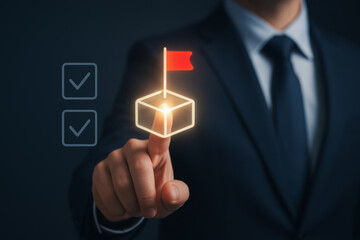 Professional businessman points at digital roadmap with goal flag symbolizing achievement and success in business strategy planning