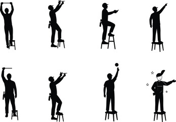 Naklejka premium Construction worker standing on stool using tools, fixing ceiling, pointing direction, measuring height, handyman maintenance, professional builder at work.