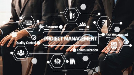A group of businessmen sitting together focuses on project management, with various icons...