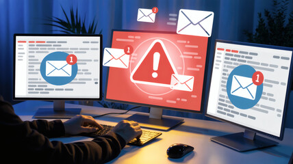 Person Working on Multiple Computer Monitors with Red Cyber Security Warning Alert and Phishing Email Notifications Displayed Illustrating Digital Threat and Data Breach Risk