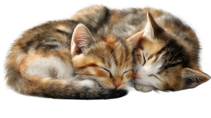 Two adorable tabby kittens sleeping peacefully, curled up together, isolated on transparent background, conveying warmth and comfort