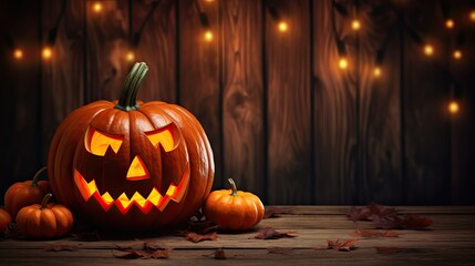 Obraz premium Orange carved pumpkins sit on wood with blurred string lights. Use for Halloween poster, invitation, backdrop.