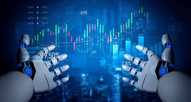 A pair of futuristic robotic hands gestures towards vibrant digital graphs and financial data, symbolizing the integration of AI in modern economic analysis and decision-making processes. Scalp