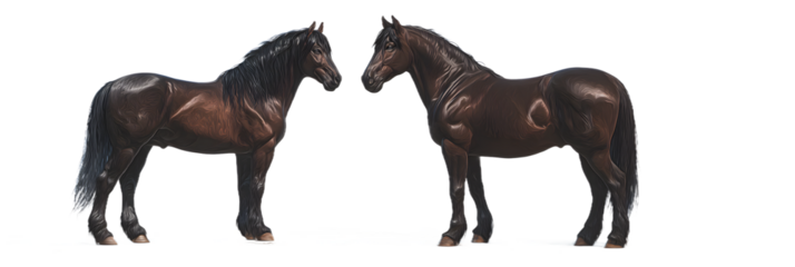 Two dark brown horses standing side by side, isolated on transparent background