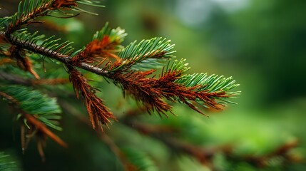 Close up of coniferous tree branch showing signs of needle browning against a blurred forest backdrop