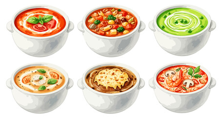トマト、ミネストローネなど様々なスープのイラストセット,洋食,料理,冬,温かい,グルメ