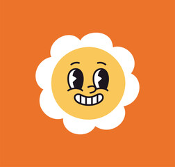 Daisy flower with cute funny face. Kawaii floral character with goofy grin, smiling with teeth, looking aside. Humor emoji, positive expression, happy shy mood, emotion. Flat vector illustration