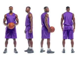 Basketball player in purple uniform shown from multiple angles, isolated on transparent background