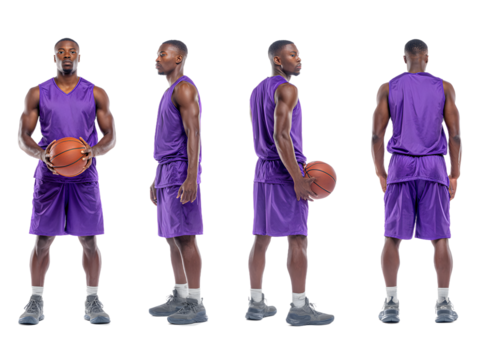 Basketball player in purple uniform shown from multiple angles, isolated on transparent background