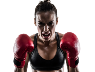 Aggressive female boxer with red gloves shouting intensely, isolated on transparent background
