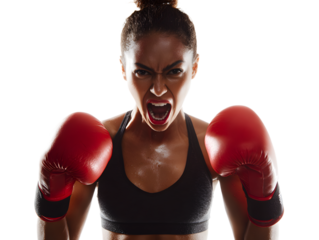 Aggressive female boxer with red gloves shouting intensely, isolated on transparent background