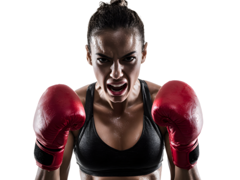 Aggressive female boxer with red gloves shouting intensely, isolated on transparent background