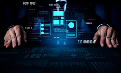 UI UX mockup showing application layout, structure, and code interface. UI design defines user flow, UI design improves clarity, UI design enhances experience, and UX design supports logic. Vouch