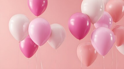 Assortment of shiny latex inflatables in various shades of pink floating against a pale pink background