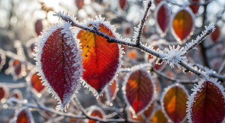 Frosty red leaves glisten in the winter sun, a beautiful display of natures artistry as the cold embraces the vibrant colors of autumn