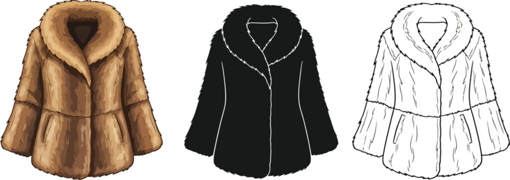 Three fur coat illustrations in color, silhouette, and outline style