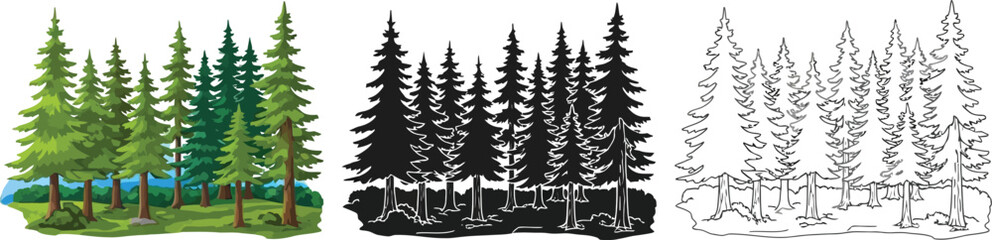 Obraz premium Evergreen forest trees, vector illustration set in different styles and drawing techniques