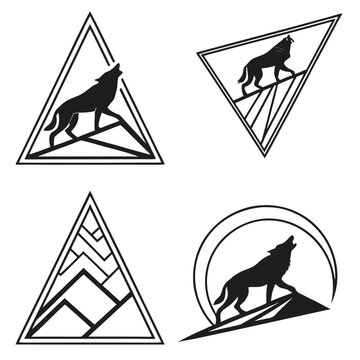 Vector art of wolf howling at the moon in triangle frame, vector set