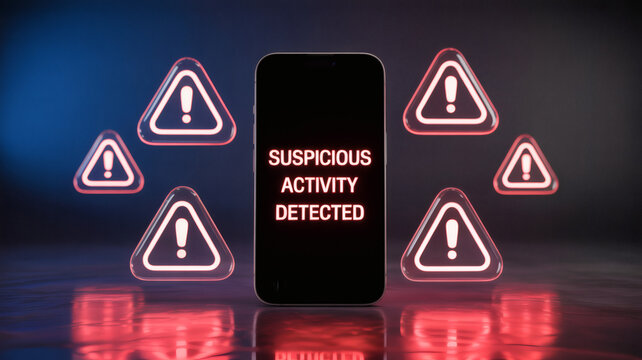 Suspicious Activity Detected Smartphone Cyber Security Warning Fraud Alert Data Protection Identity Theft Online Scam Risk Notification Digital Crime Prevention Mobile Security Firewall Encryption Ale