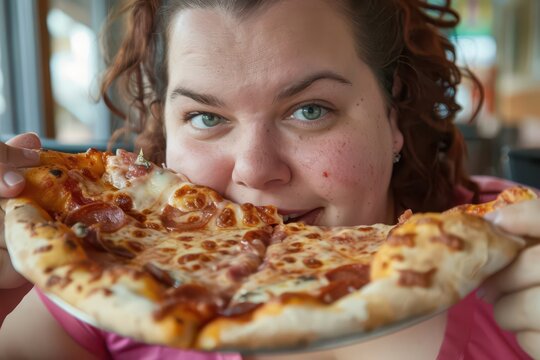 Joyful woman enjoying pizza in relaxed casual setting, highlighting body positivity