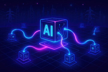 Fototapeta premium Artificial intelligence technology connects multiple devices in futuristic digital network symbolizing advanced learning and educational innovation in glowing neon style
