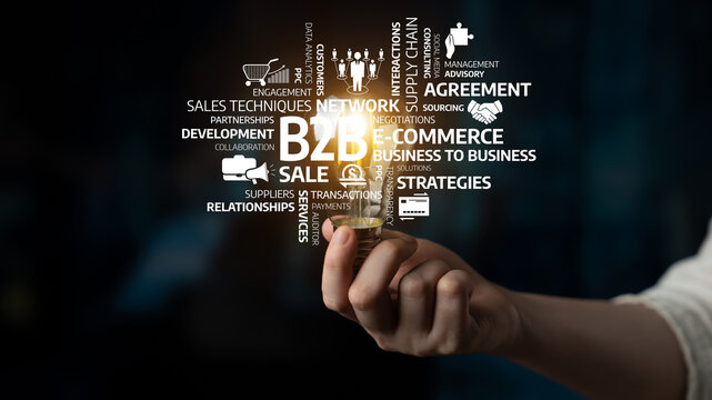 A hand holds a light bulb, representing insights in B2B concepts like commerce, sales techniques, and collaboration in a dynamic business environment. Tessel