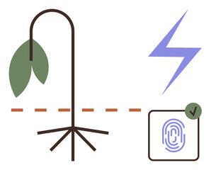 Drooping plant with roots, lightning bolt, dashed line, and fingerprint with checkmark. Ideal for sustainability, electricity, verification, responsibility, innovation biometrics environmental
