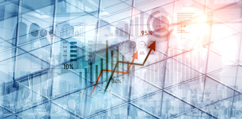 Modern and dynamic business environment showcasing growth indicators with graphs and financial data against a city skyline, ideal for depicting progress and analysis. Scalp