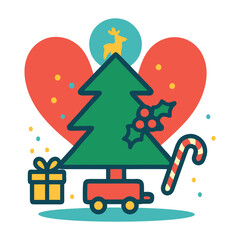 Fototapeta premium Whimsical Christmas Tree with Toy Wagon, Candy Cane, and Festive Gift Box, t-shirt design,, retro, minimalist, streetwear.