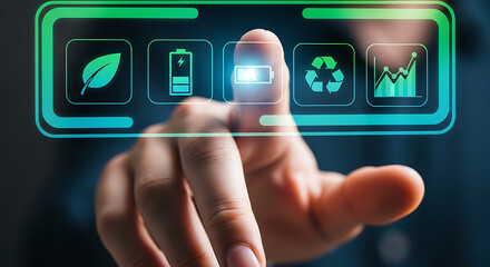 A finger touches a glowing screen displaying eco friendly and sustainability icons in green