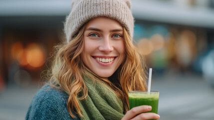 Smiling woman holding a healthy detox smoothie