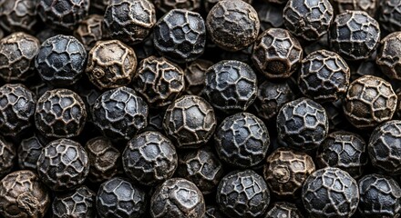 A dense background of aromatic black peppercorns, showcasing the rough texture used in culinary photography