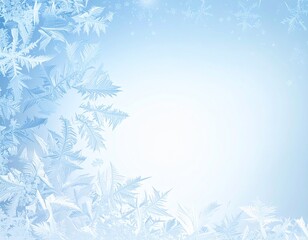 Elegant winter background with intricate frosty patterns and sparkling ice crystals, creating a serene light blue gradient ideal for seasonal designs, holiday promotions, and cold weather themes