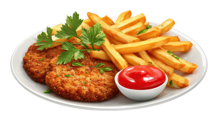 Delicious fried chicken and fries restaurant food kitchen isolated on transparent background