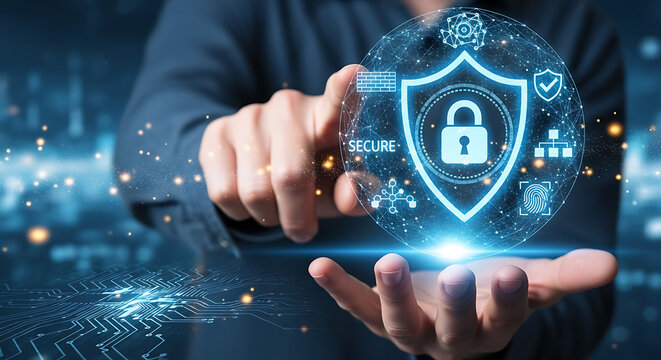 A person holding a digital shield with a padlock inside representing data security system