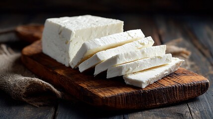 Block of feta cheese with slices on wooden board and rustic background
