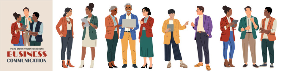 Fototapeta premium Set of diverse casual business people talking and interacting. Business communication concept in flat, modern style with clean lines, professional aesthetic. Vector isolated on transparent background