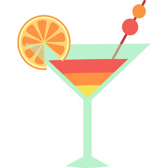 Stylized flat design illustration of a layered tropical cocktail in a martini glass garnished with an orange slice and cherry on a white background