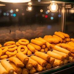 Fried snacks displayed behind glass case in small street stall at night.