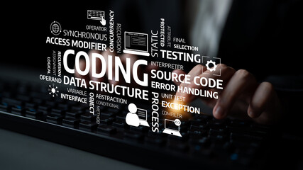 A close-up image showing hands typing on a keyboard, surrounded by coding and programming terms. Ideal for promoting software development, education, and technology projects. Tessel