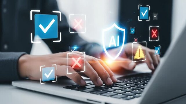 Person typing on a laptop with ai shield and check and cross icons floating above the keyboard