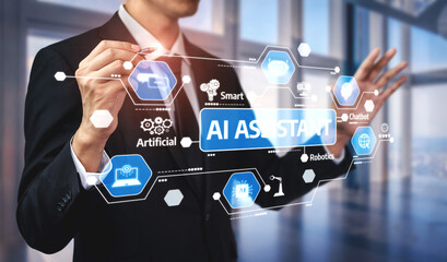 A businessman engages with a modern AI technology interface, highlighting smart solutions and innovations that enhance productivity and foster business growth. Tessel