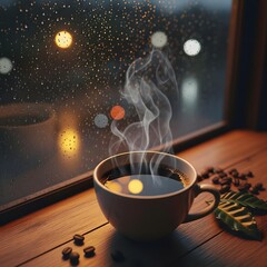 Steaming cup of coffee on a wooden table inside a small warung during rain.