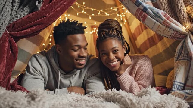 Young adult couple enjoying cozy evening inside blanket fort with string lights