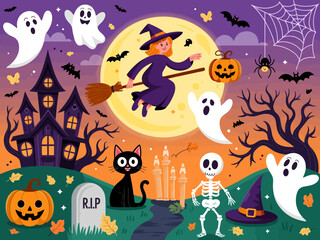 A festive and spooky Halloween night illustration featuring a witch on a broom, a haunted house, and ghosts AIzaSyDse0sYAQfzSRM6BZdnKEVP