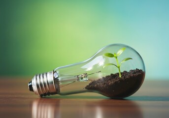 Green plant growing from a light bulb symbolizing sustainable innovation and clean ideas.